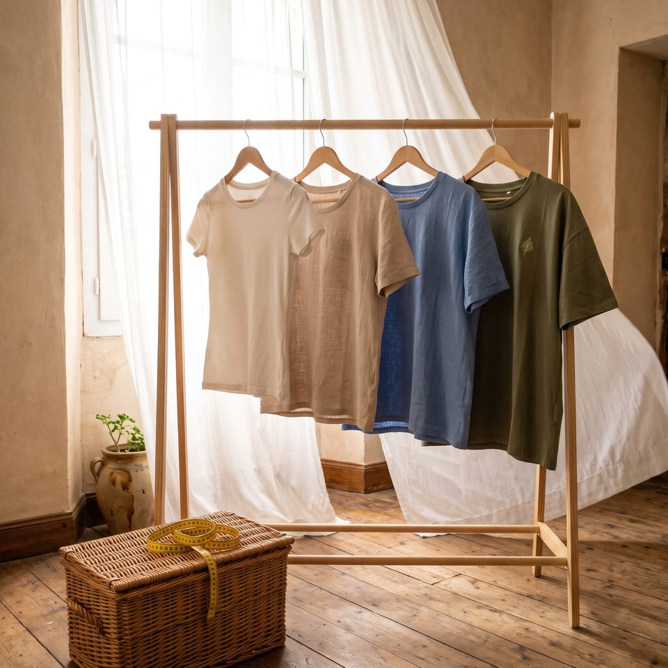 Portant en bois près d'une fenêtre voilée, quatre tee-shirts unis sur cintres, du plus ajusté au plus ample