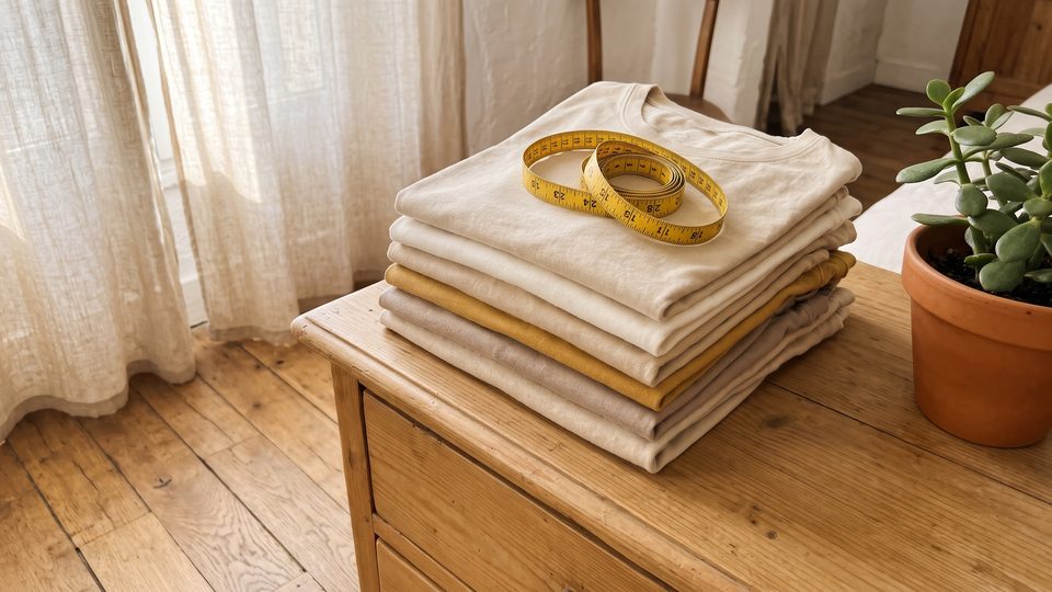 Pile de tee-shirts en coton pliés sur une commode en bois clair, près d'un mètre ruban