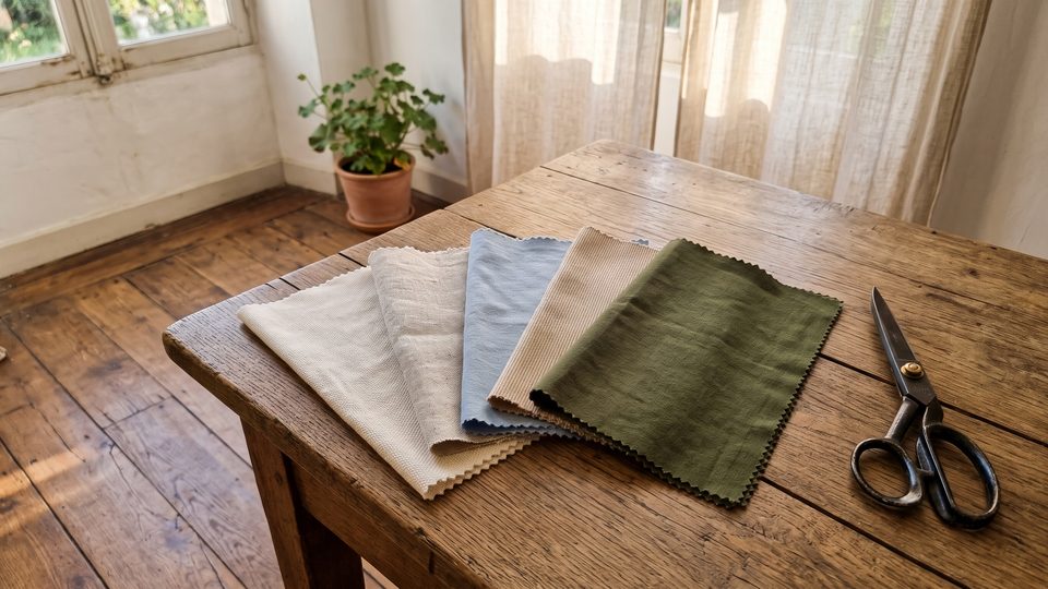Échantillons de tissus écru, lin et jersey bleu posés en éventail sur une table en bois