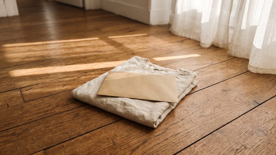 Enveloppe kraft posée sur un tee-shirt écru plié, sur un parquet ancien