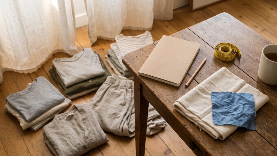 Table en bois avec un carnet fermé, un mètre ruban enroulé et un échantillon de jersey écru