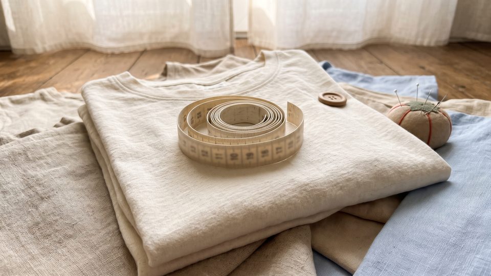 Mètre ruban de couturière enroulé sur un tee-shirt en jersey écru plié