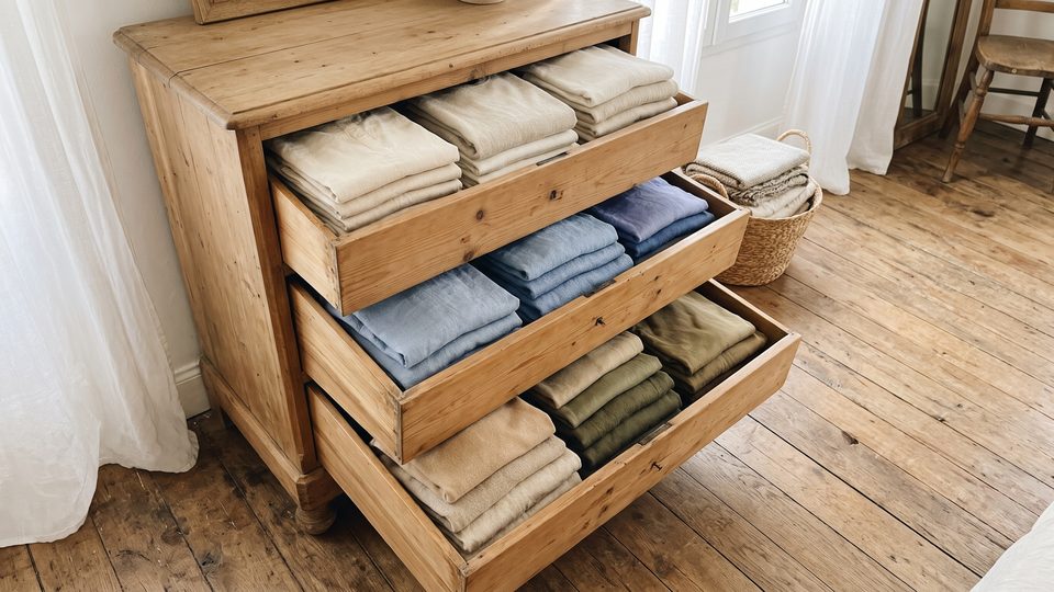 Commode en bois aux tiroirs entrouverts, vêtements pliés par couleur à l'intérieur